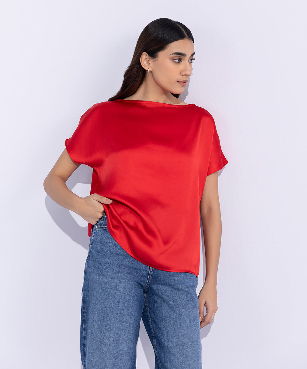 Women's Western Wear Red Slash Neck Satin Top