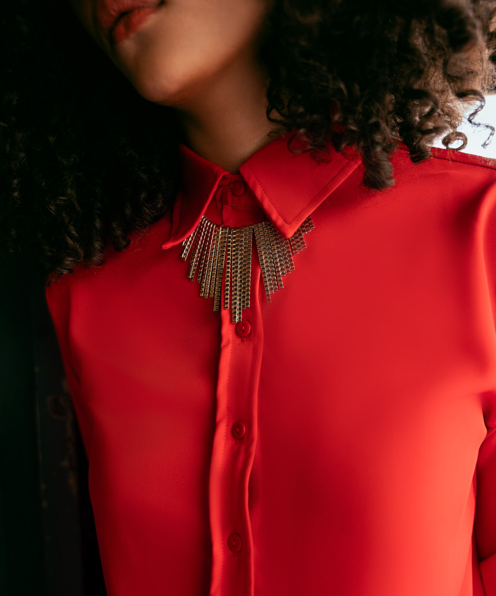 Women's Western Wear Red Button-Through Shirt With Side Panels