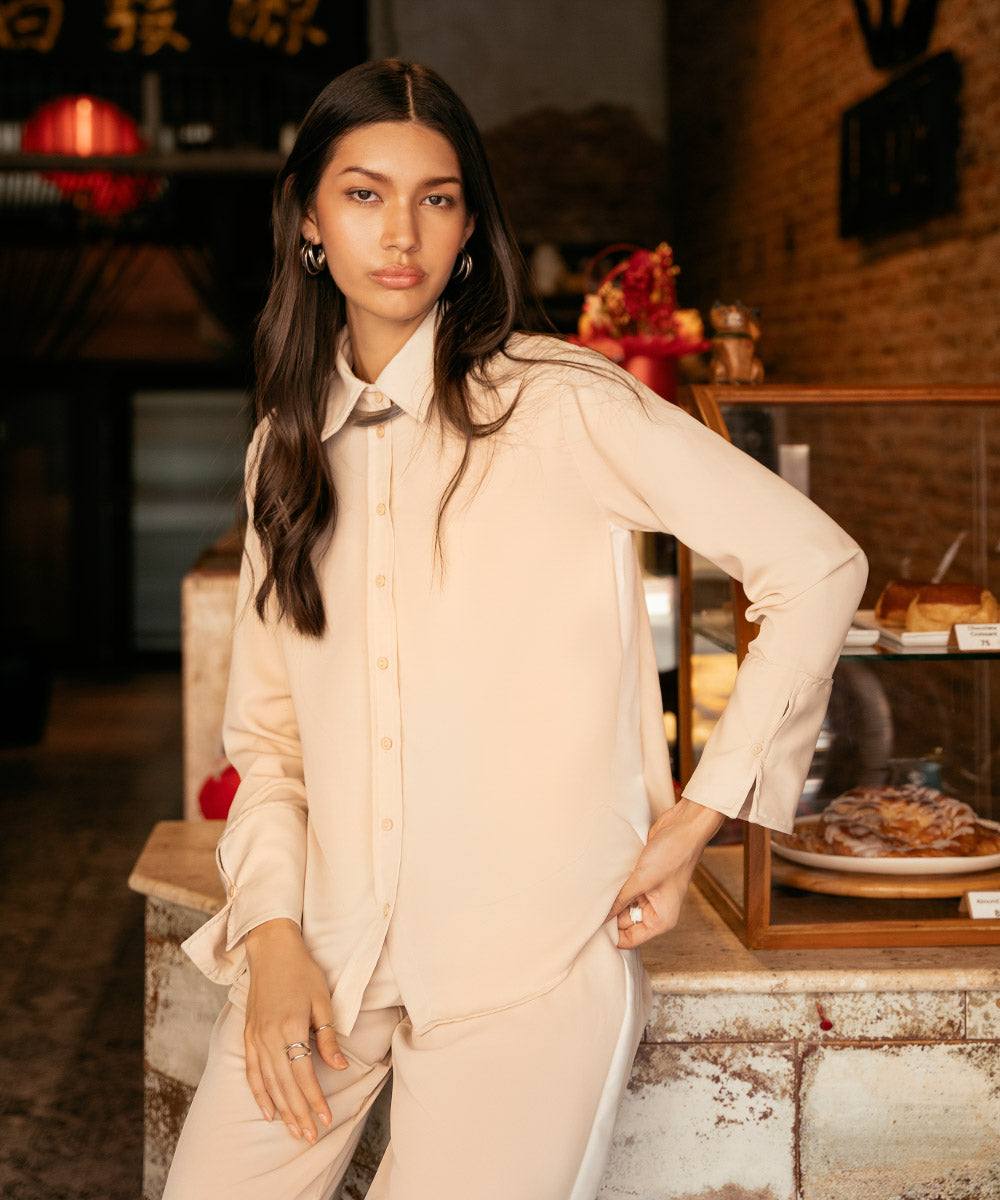 Women's Western Wear Beige Button-Through Shirt With Side Panels