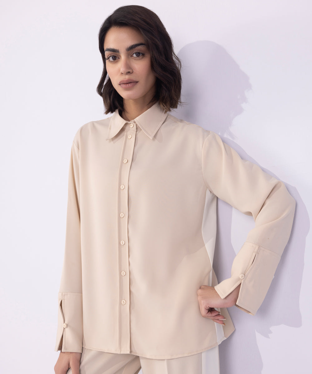 Women's Western Wear Beige Button-Through Shirt With Side Panels