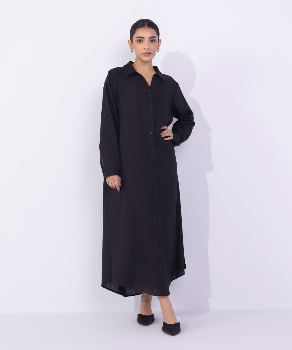 Women's Western Wear Black Button- Through Midi Dress