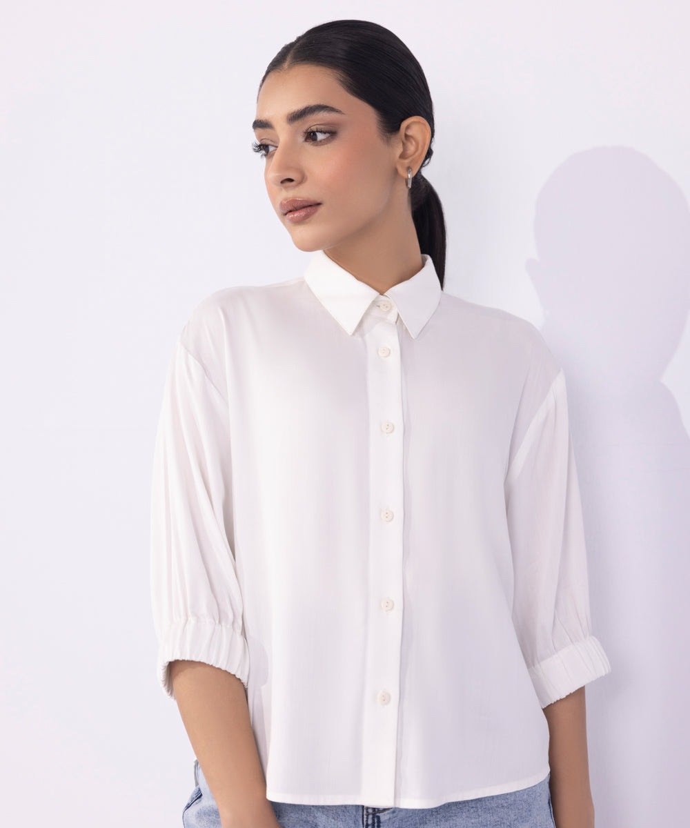 Women's Western Wear White Cropped Shirt With Elasticated Sleeves