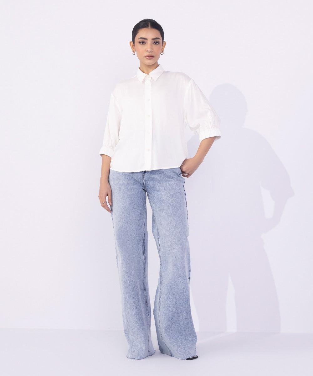 Women's Western Wear White Cropped Shirt With Elasticated Sleeves