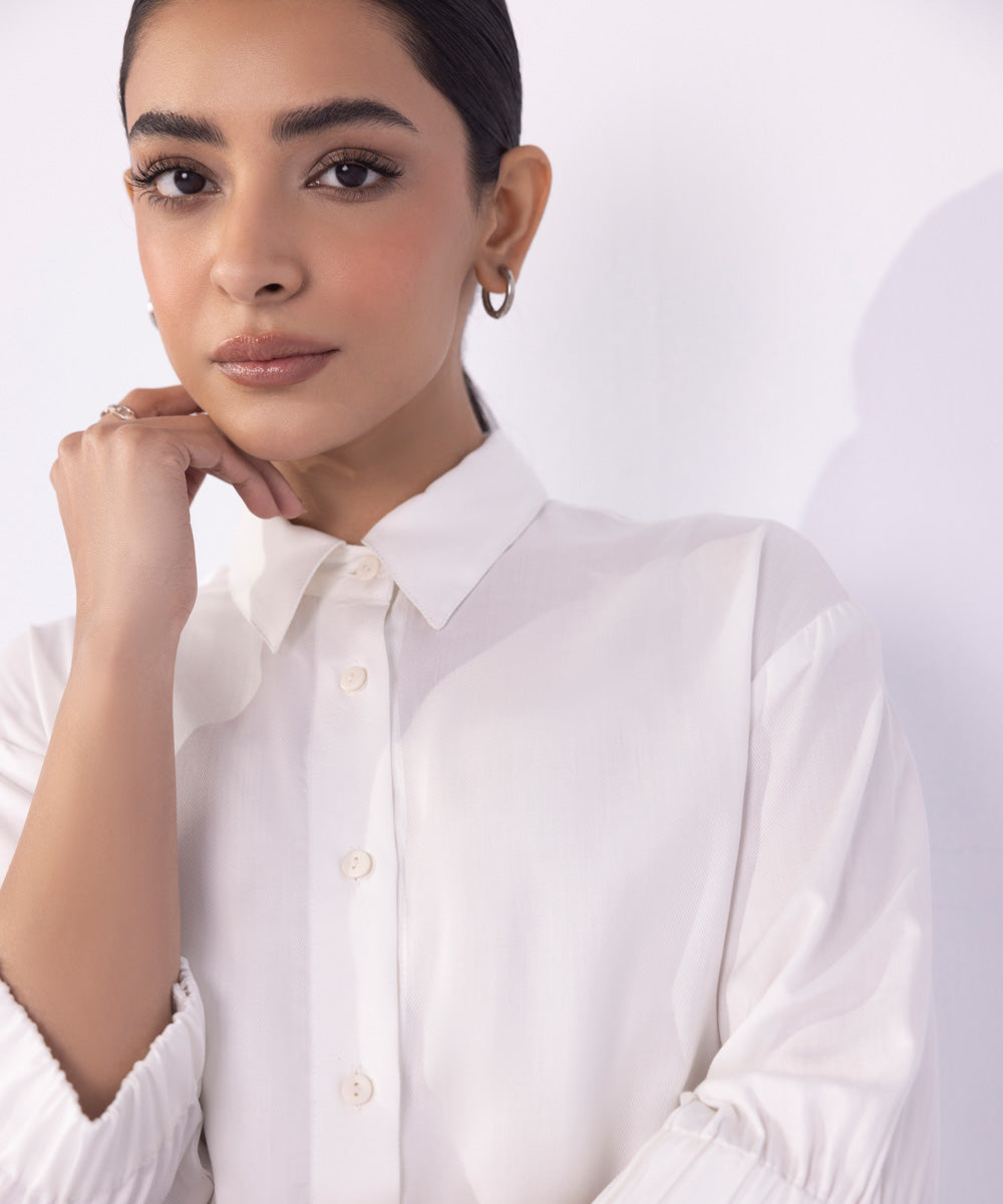 Women's Western Wear White Cropped Shirt With Elasticated Sleeves