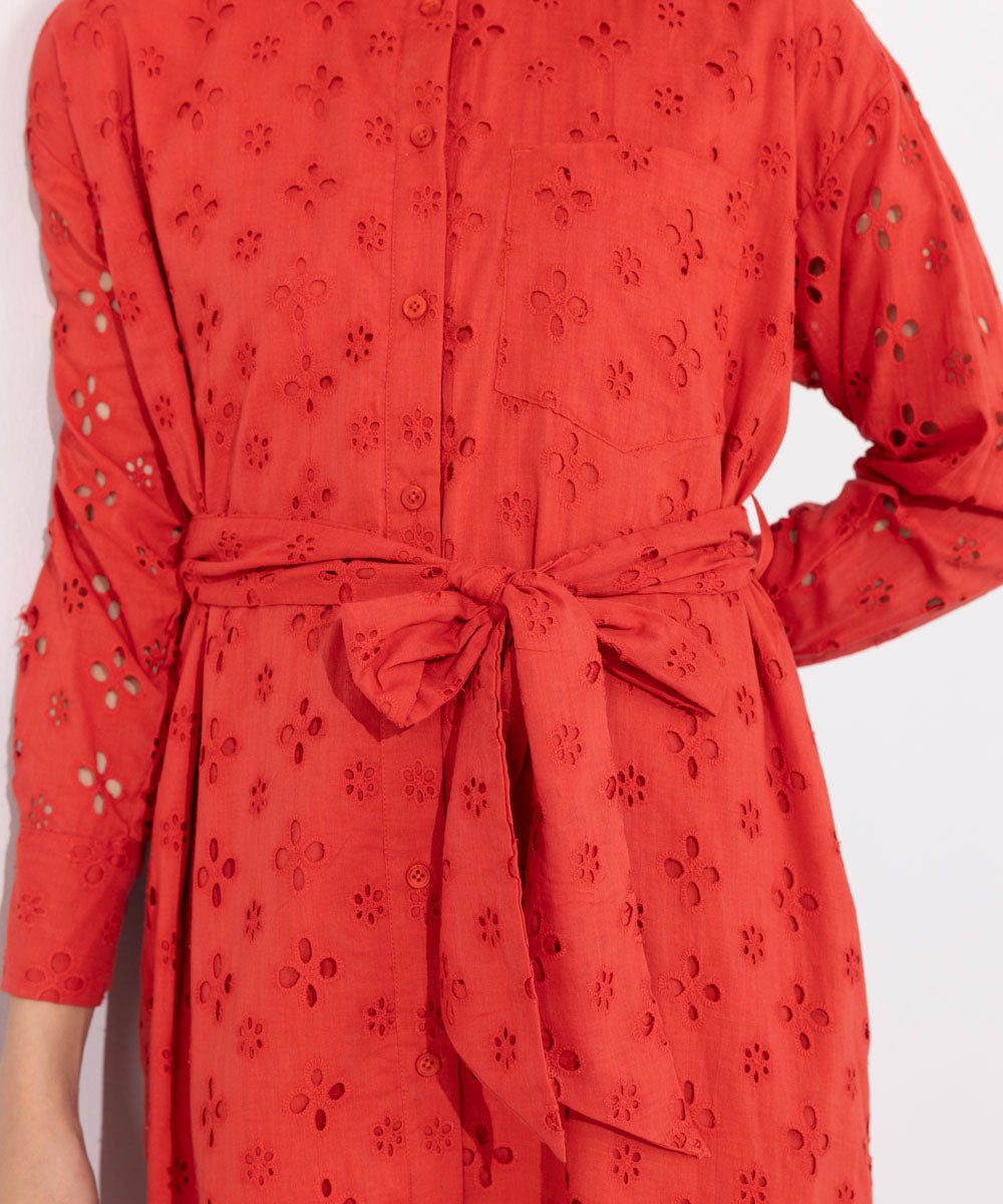 Women's Western Wear Orange Embroidered Shirt Dress