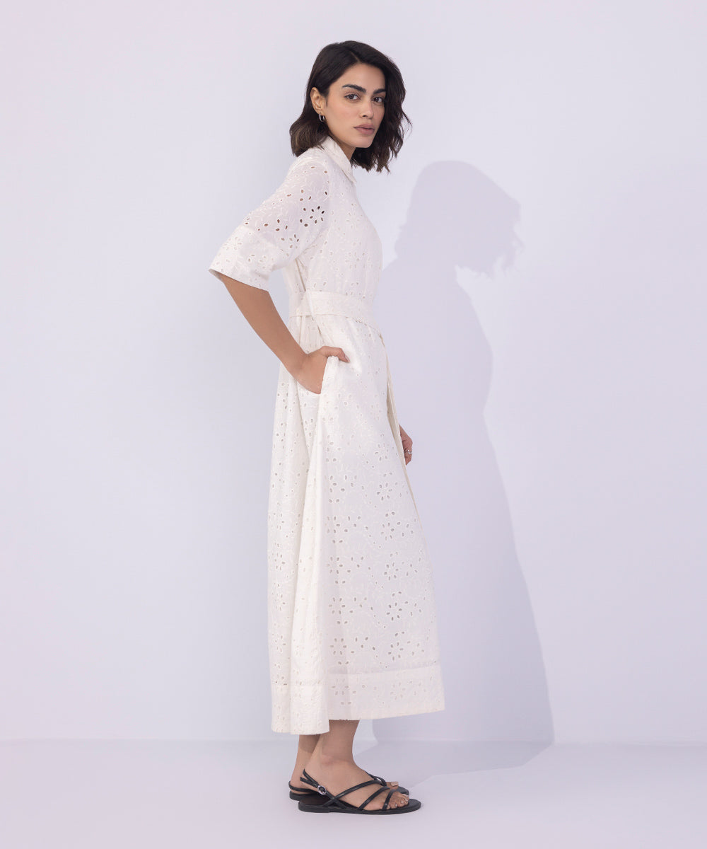 Women's Western Wear White Embroidered Dress With Belt