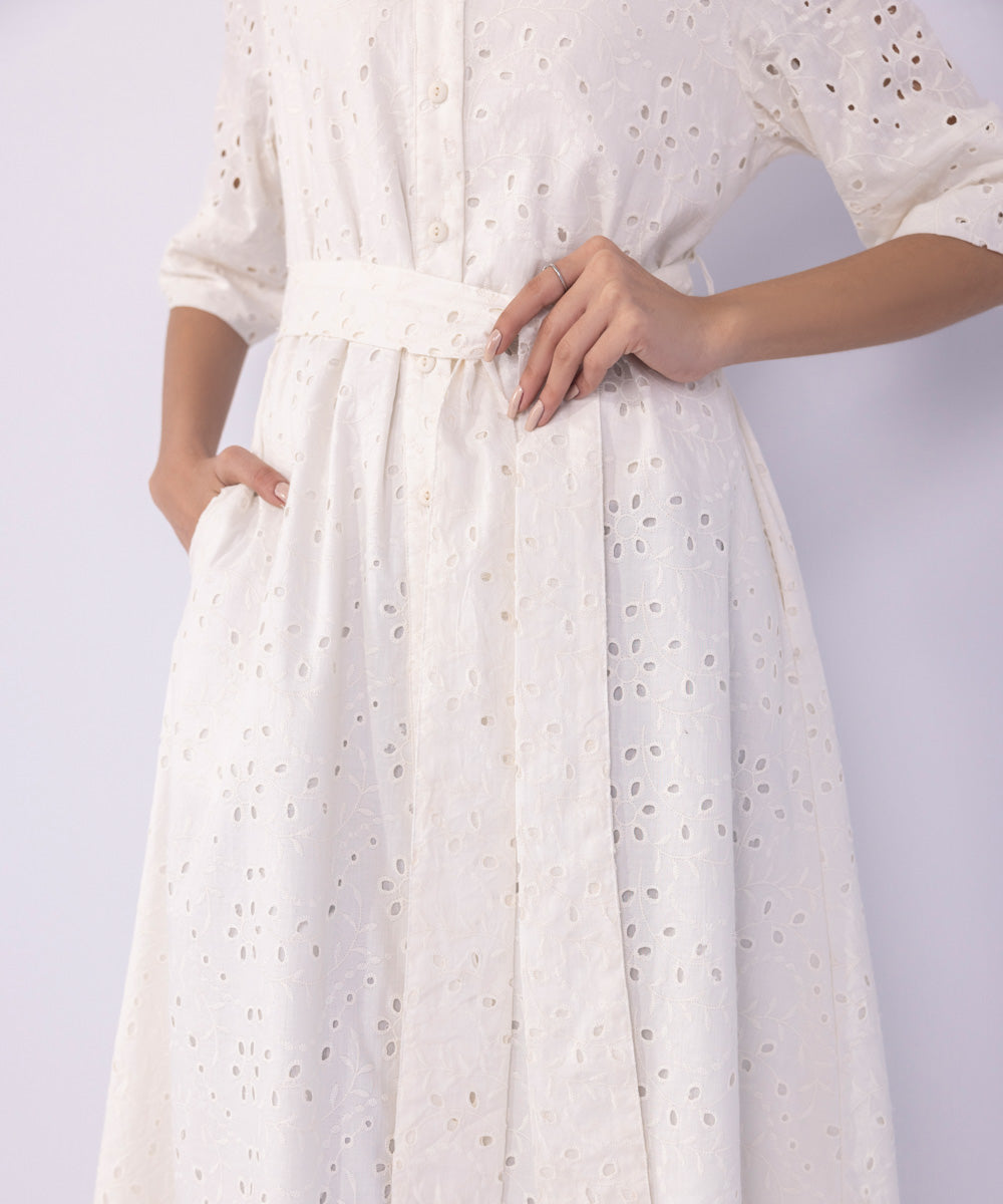 Women's Western Wear White Embroidered Dress With Belt