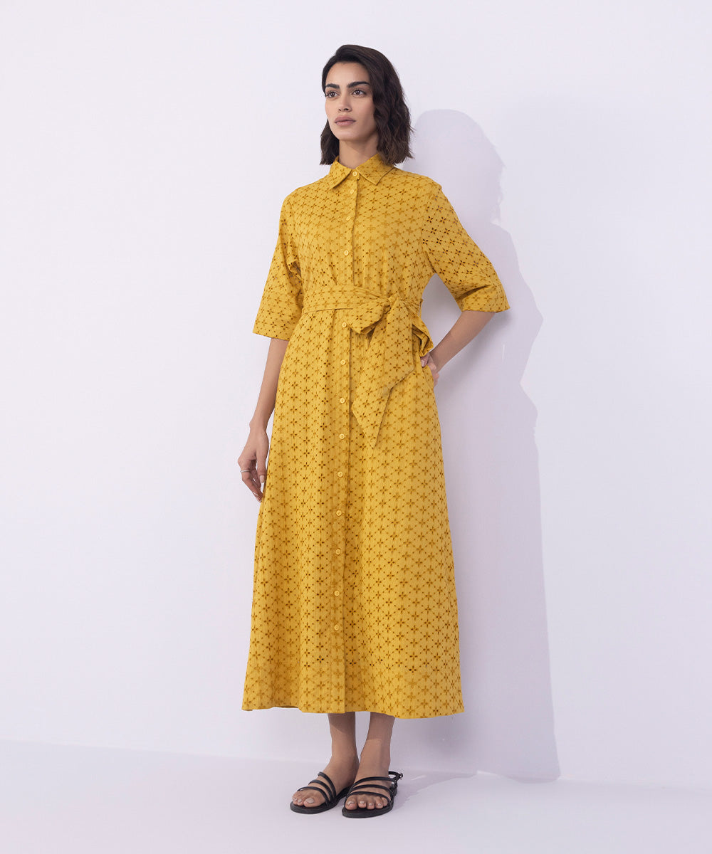 Women's Western Wear Yellow Embroidered Dress With Belt