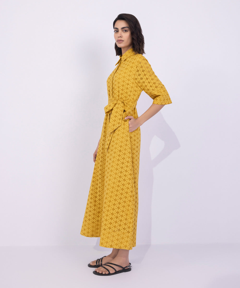 Women's Western Wear Yellow Embroidered Dress With Belt