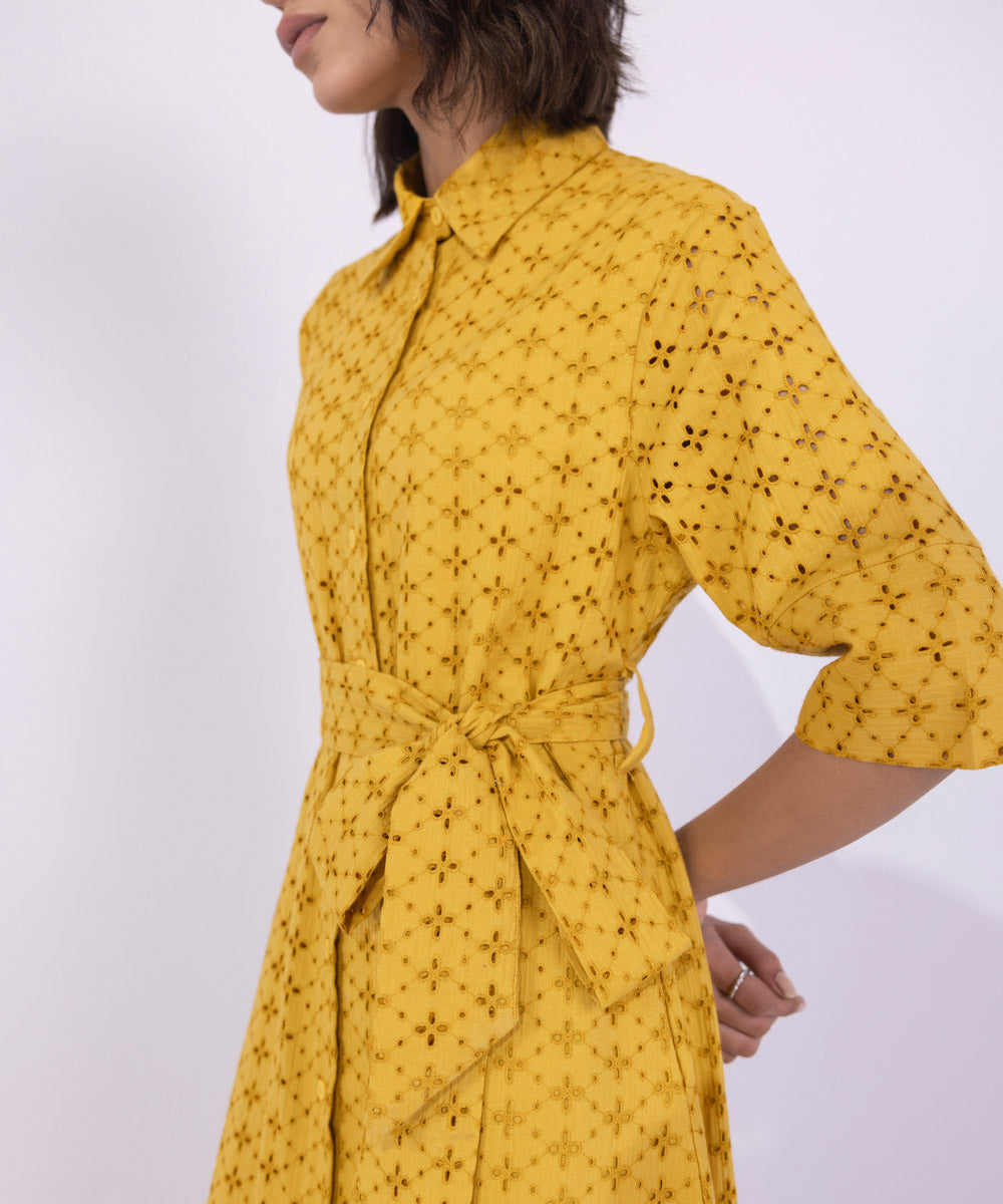 Women's Western Wear Yellow Embroidered Dress With Belt