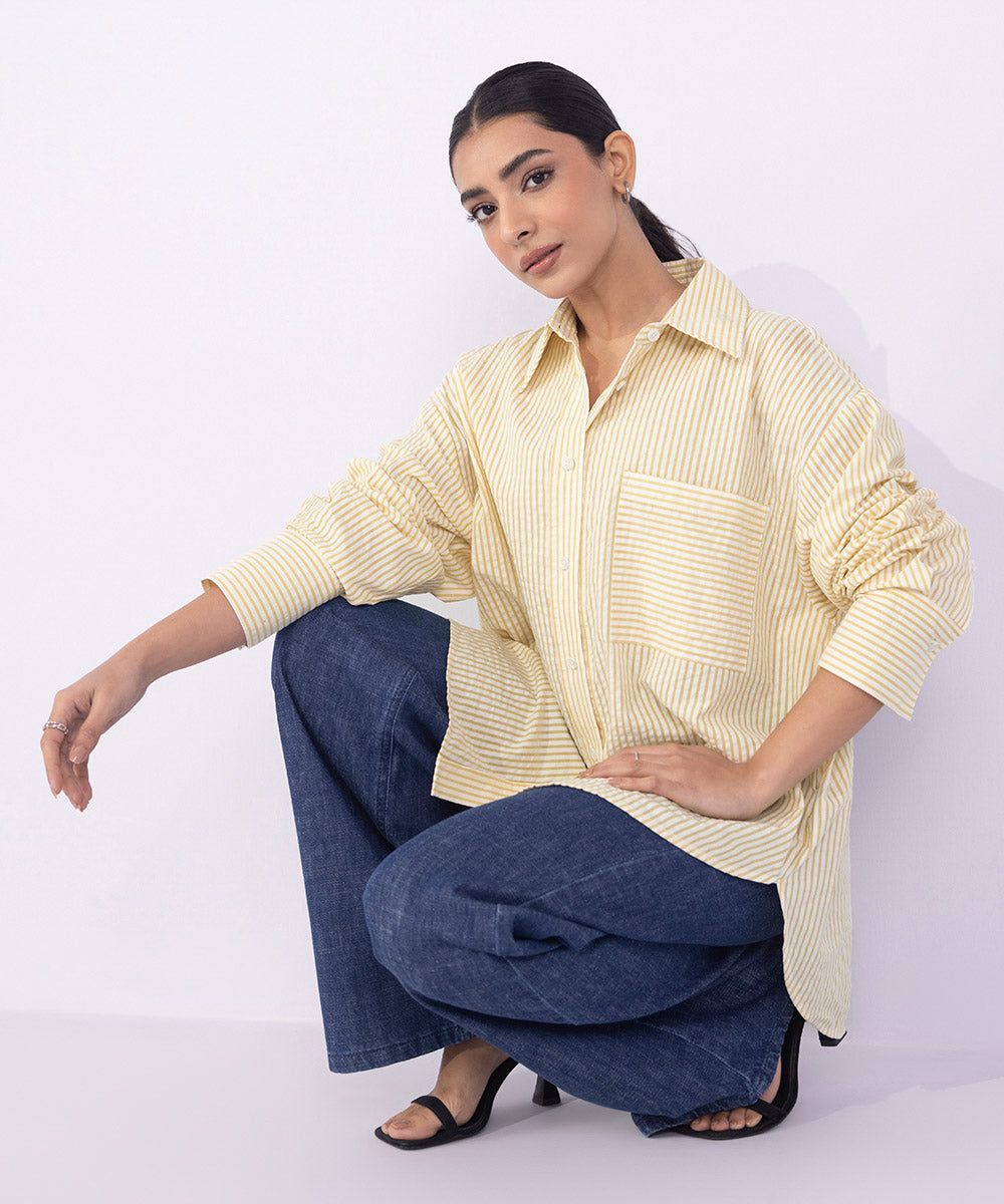 Women's Western Wear Yellow Loose-Fit Cotton Shirt