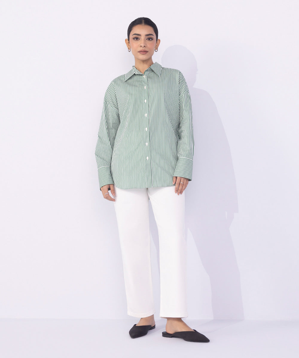 Women's Western Wear Green Regular-Fit Button Through Shirt