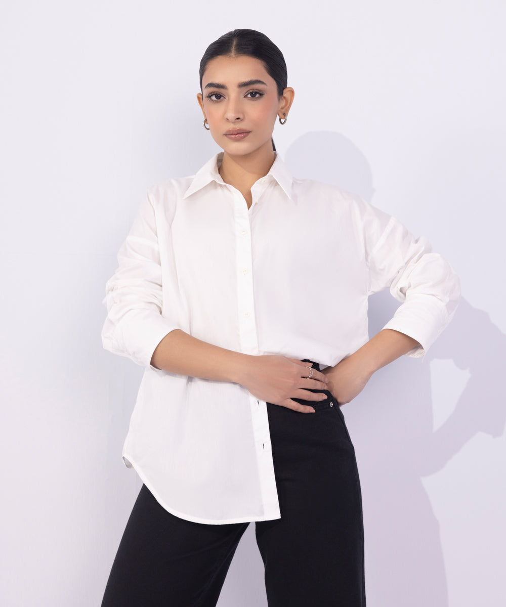 Women's Western Wear White Regular-Fit Button Through Shirt