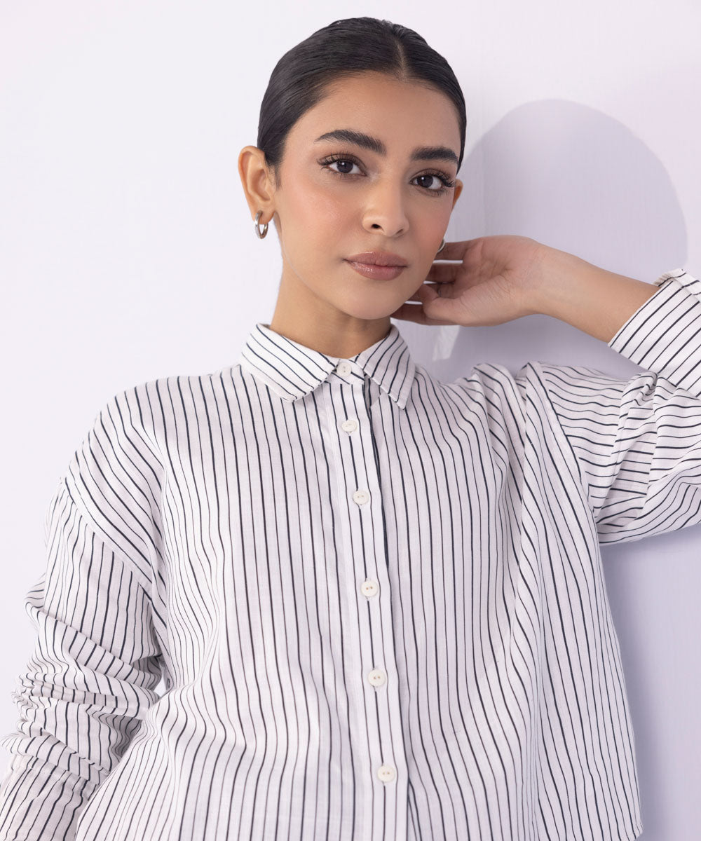 Women's Western Wear White Striped Cropped Shirt