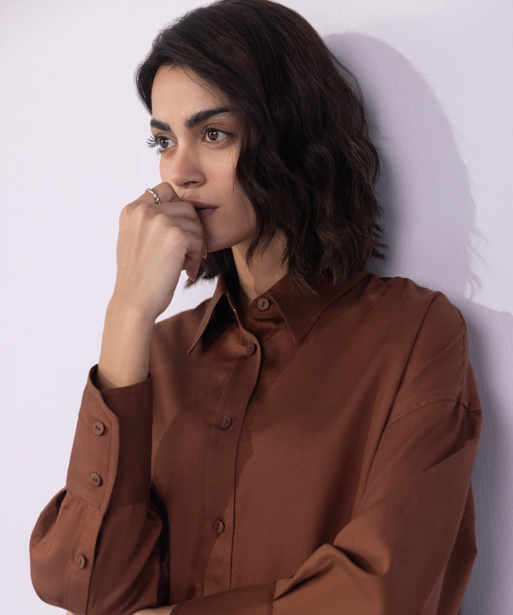 Women's Western Wear Brown Brown Button Through Shirt