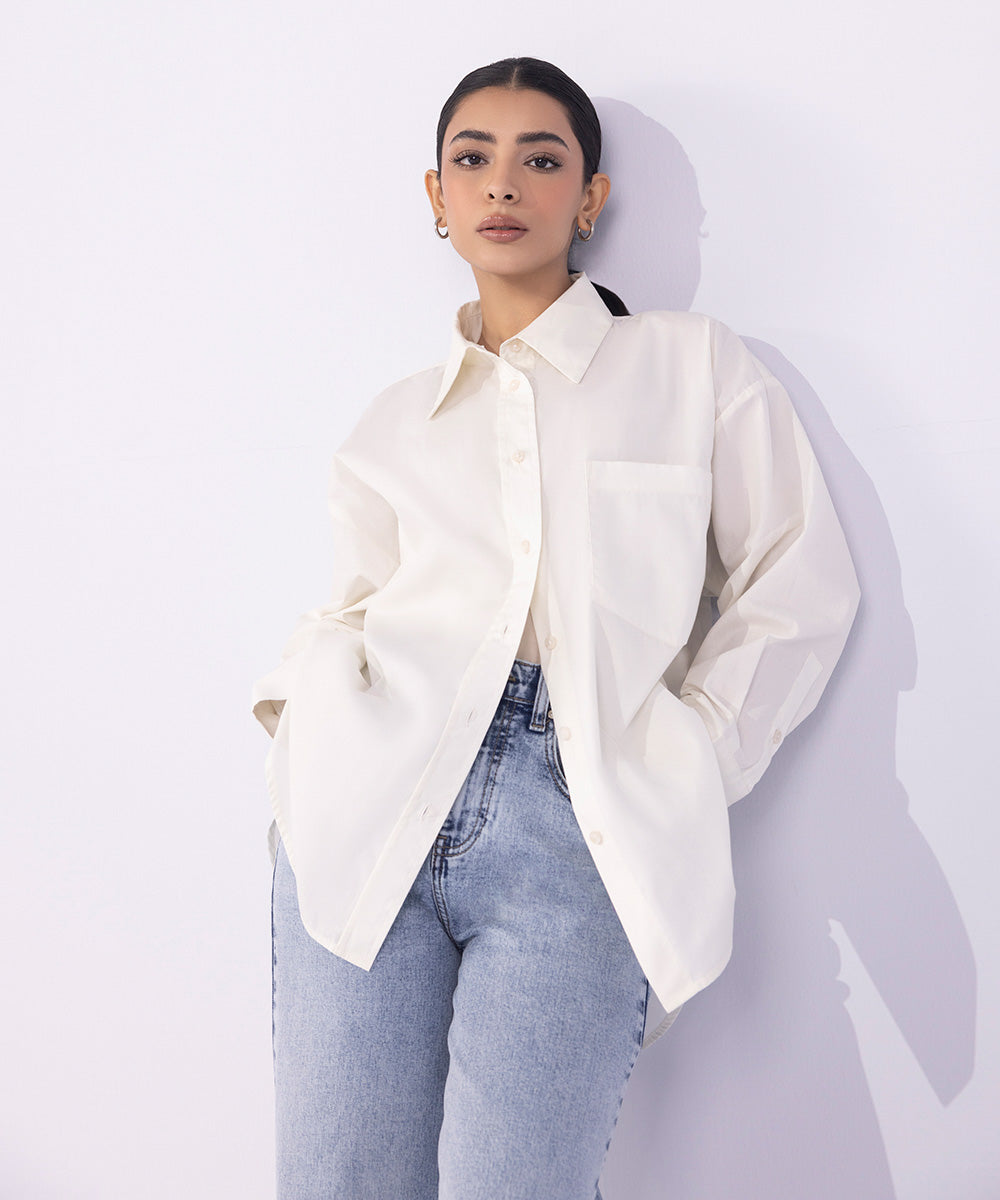 Women's Western Wear Off White Oversized Cotton Shirt