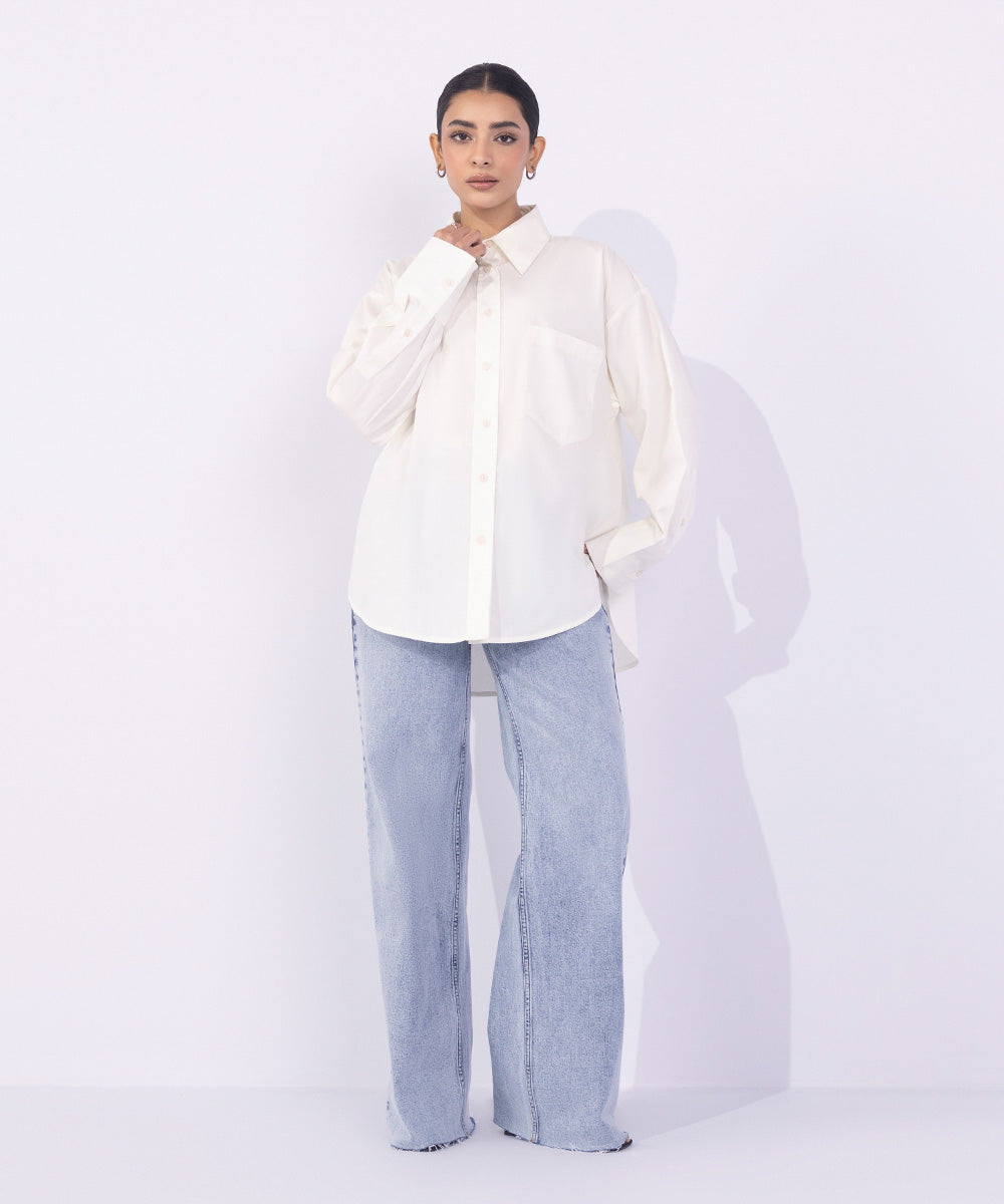 Women's Western Wear Off White Oversized Cotton Shirt