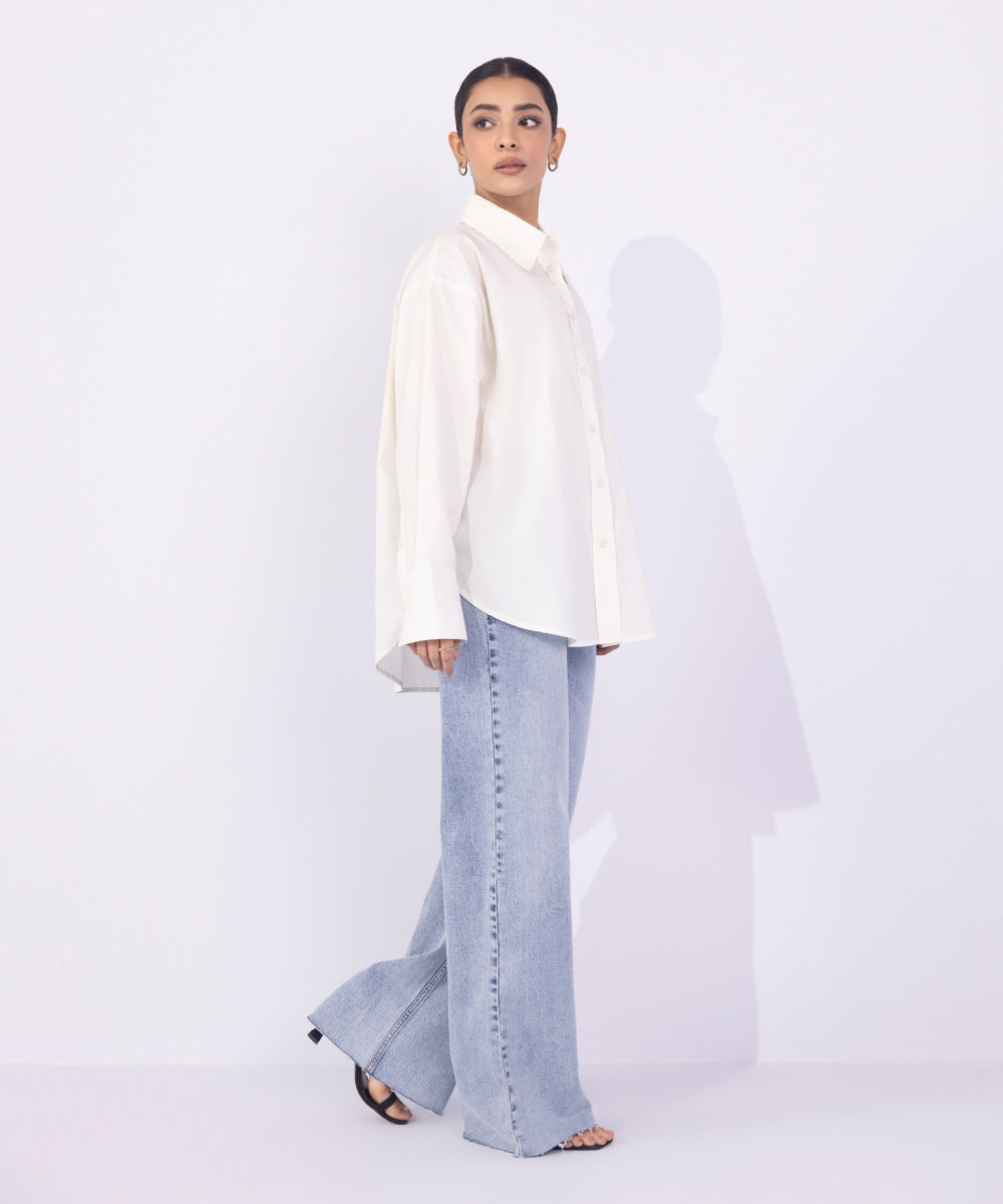 Women's Western Wear Off White Oversized Cotton Shirt