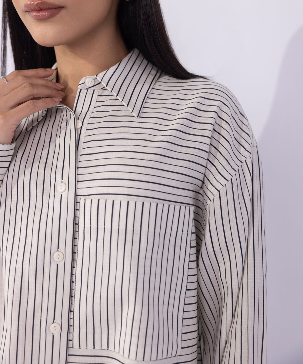 Women's Western Wear Off White Striped Button Through Shirt