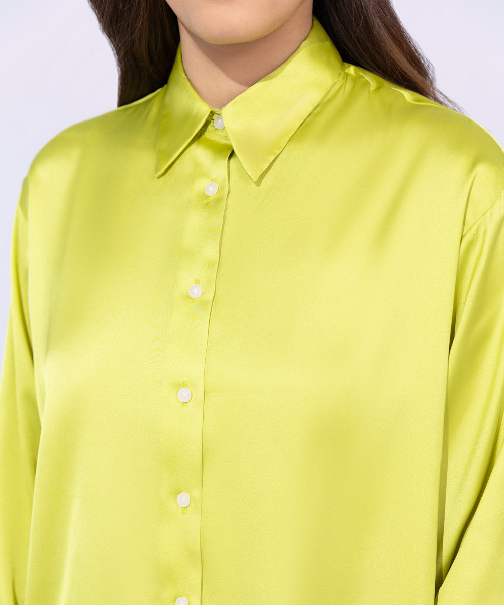 Women's Western Wear Green Satin Button Through Shirt