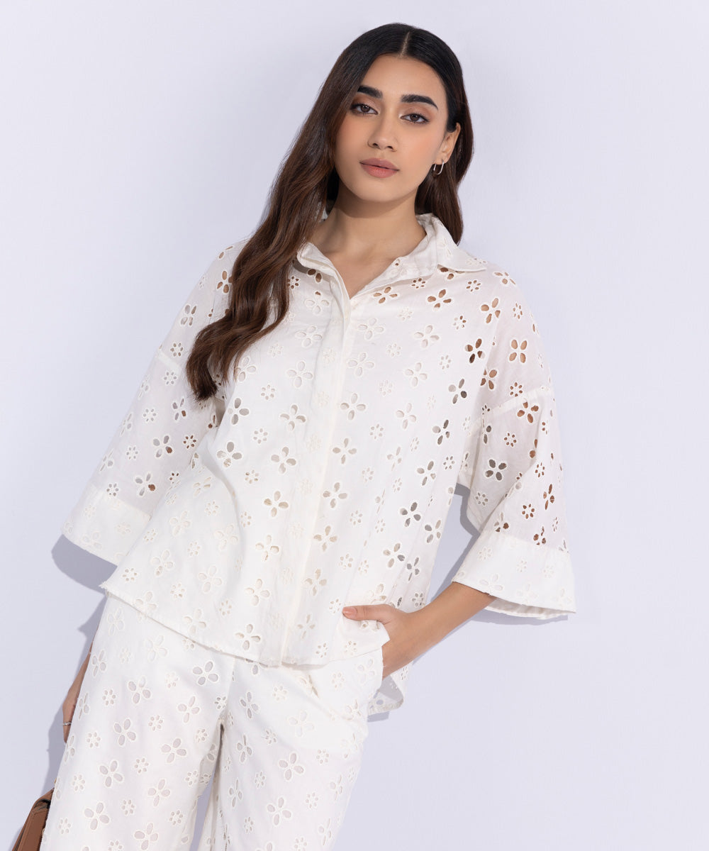 Women's Western Wear White Embroidered Shirt 