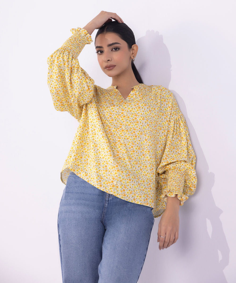 Women's Western Wear Yellow Printed Top With Smocking Detail