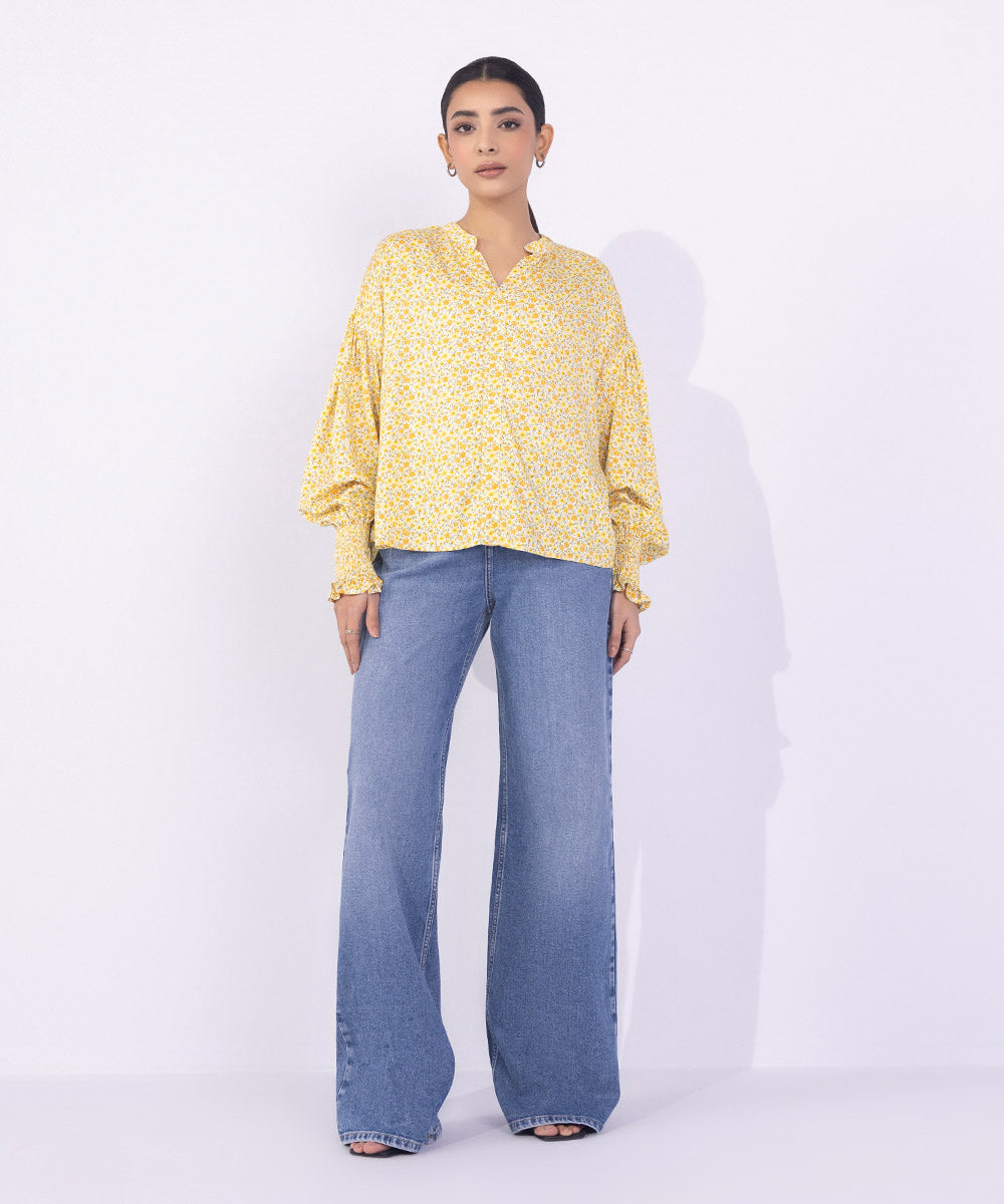 Women's Western Wear Yellow Printed Top With Smocking Detail