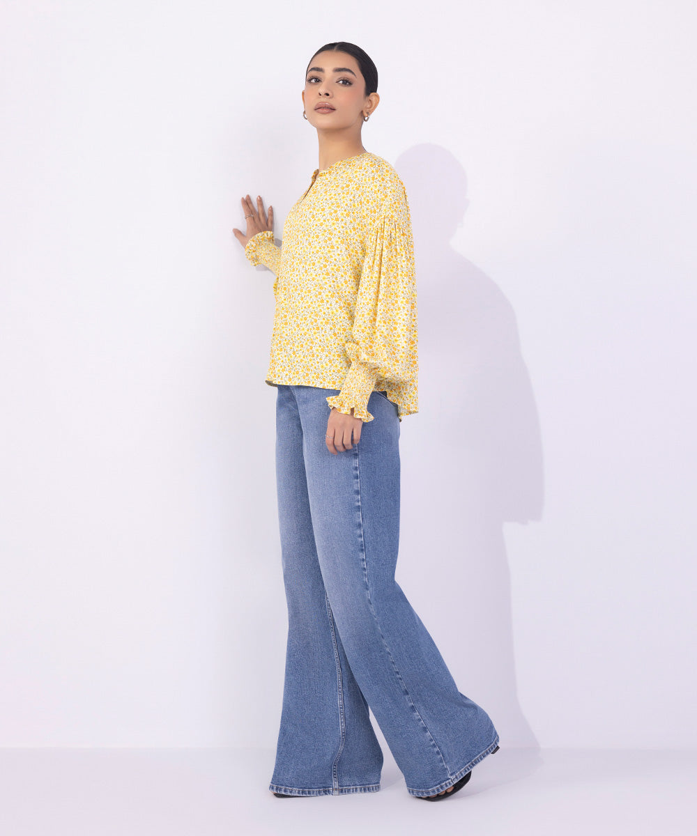 Women's Western Wear Yellow Printed Top With Smocking Detail