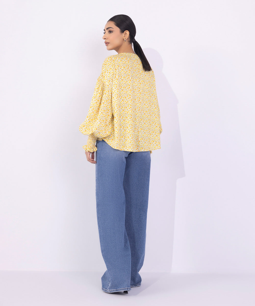 Women's Western Wear Yellow Printed Top With Smocking Detail