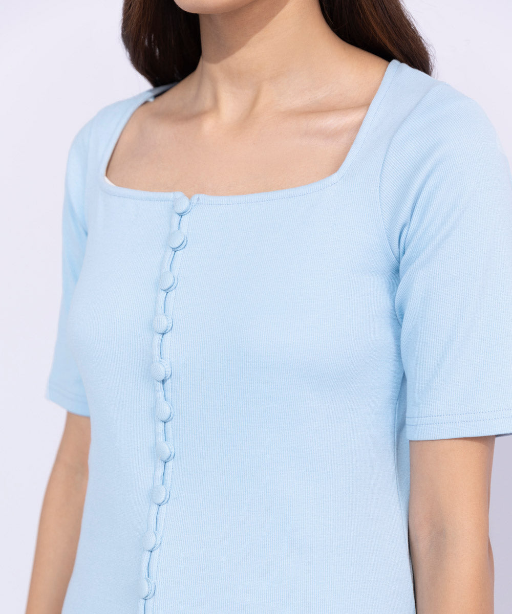 Women's Western Wear Blue Square-Neck Rib Top