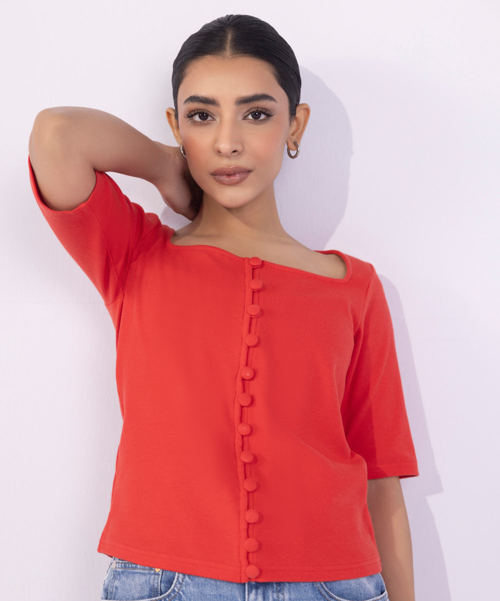 Women's Western Wear Red Square-Neck Rib Top