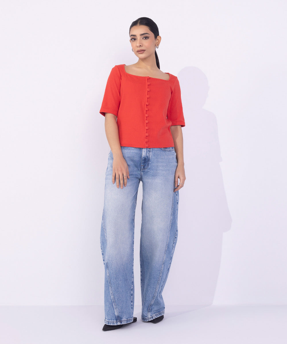 Women's Western Wear Red Square-Neck Rib Top