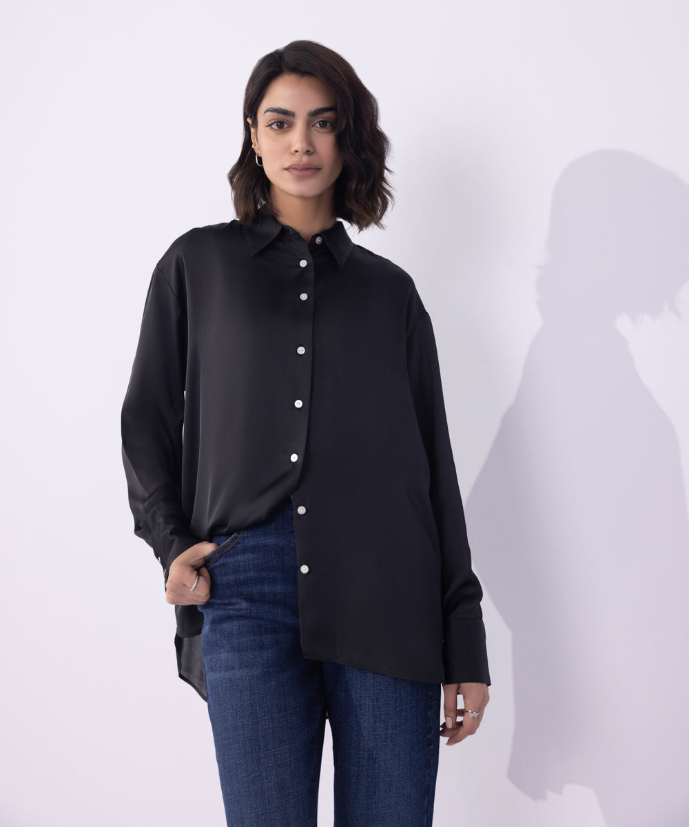 Women's Western Wear Black  Satin Button Through Shirt