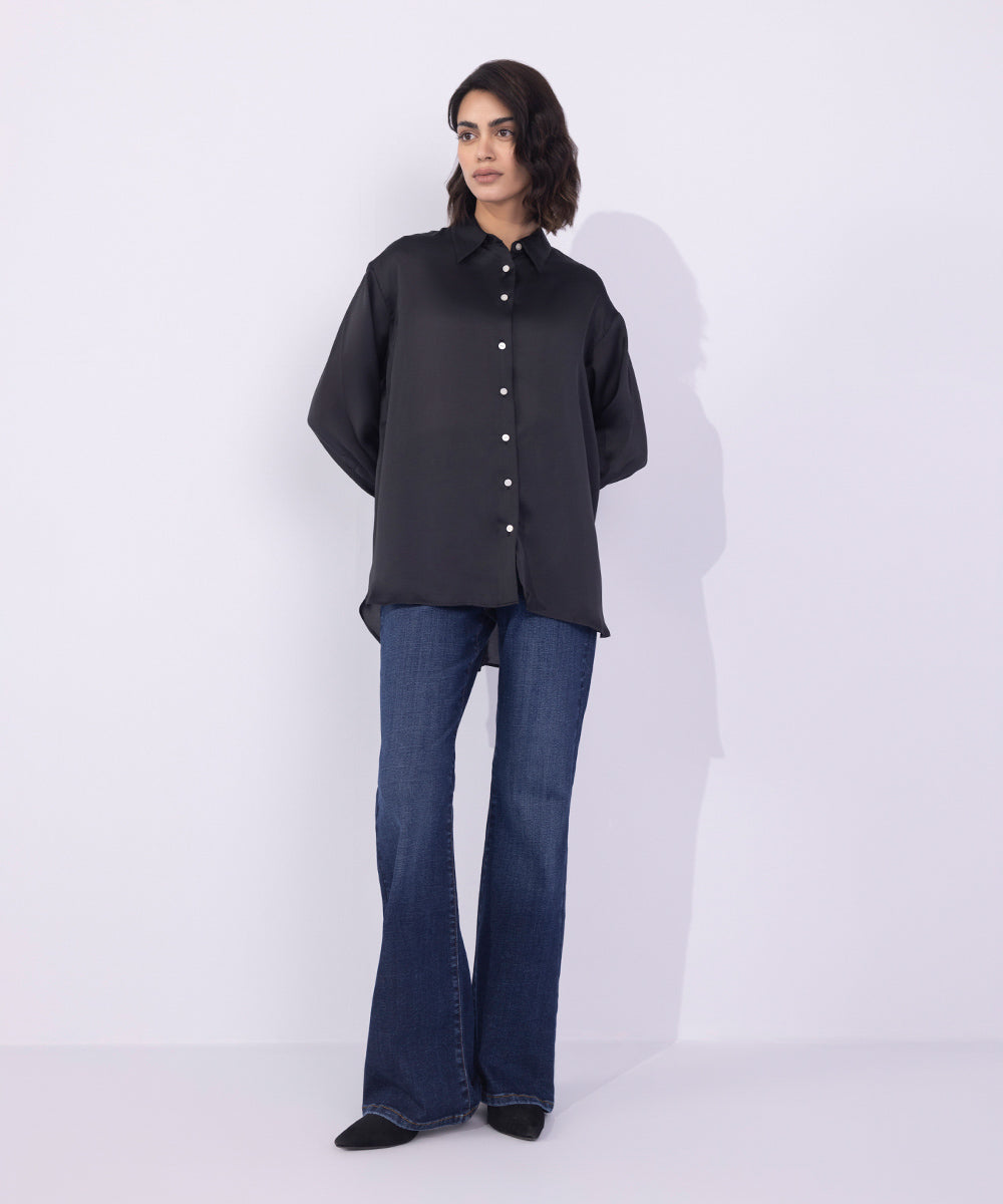 Women's Western Wear Black  Satin Button Through Shirt