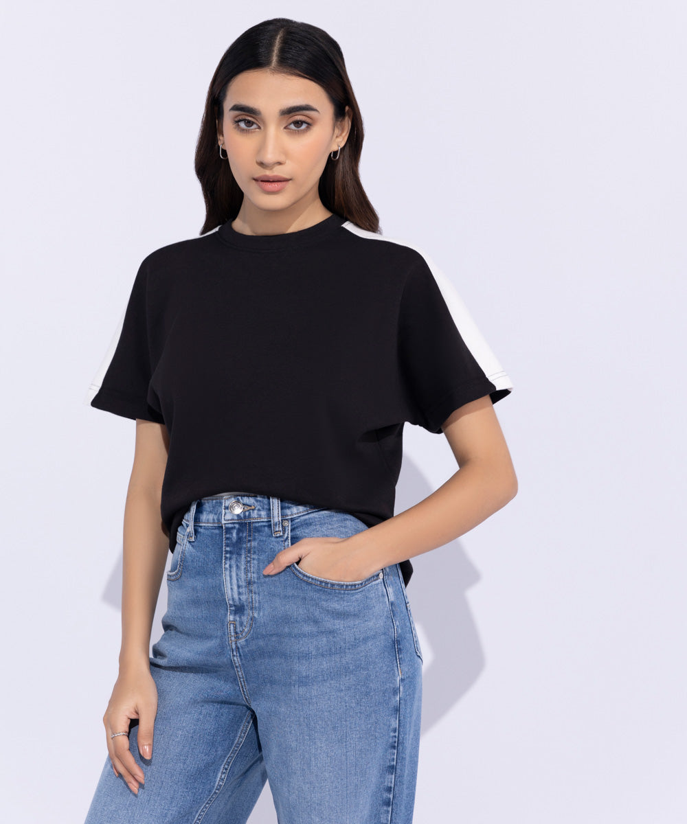 Women's Western Wear Black Cropped Kimono T-Shirt