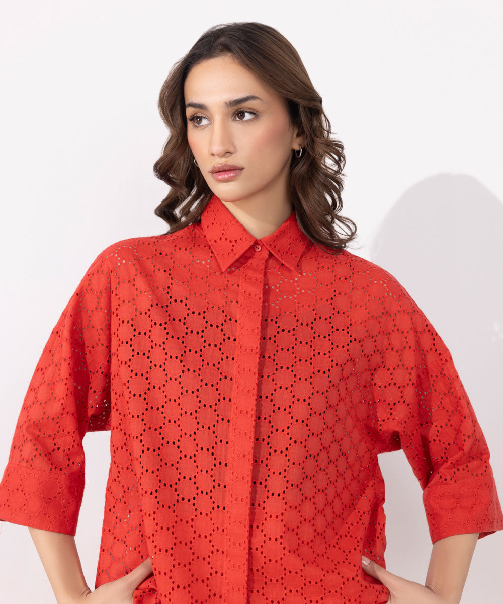 Women's Western Wear Orange Embroidered Shirt 