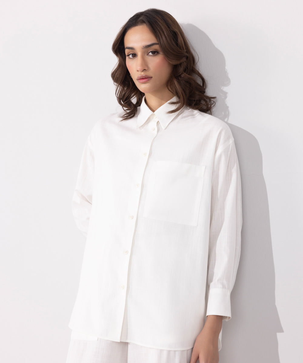 Women's Western Wear White Textured Shirt With Pocket