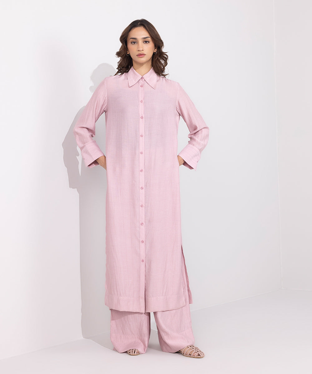 Women's Western Wear Pink Flowy Long Shirt With High Slits