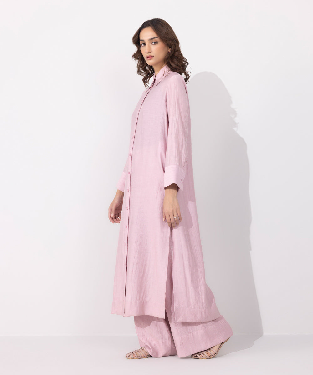 Women's Western Wear Pink Flowy Long Shirt With High Slits