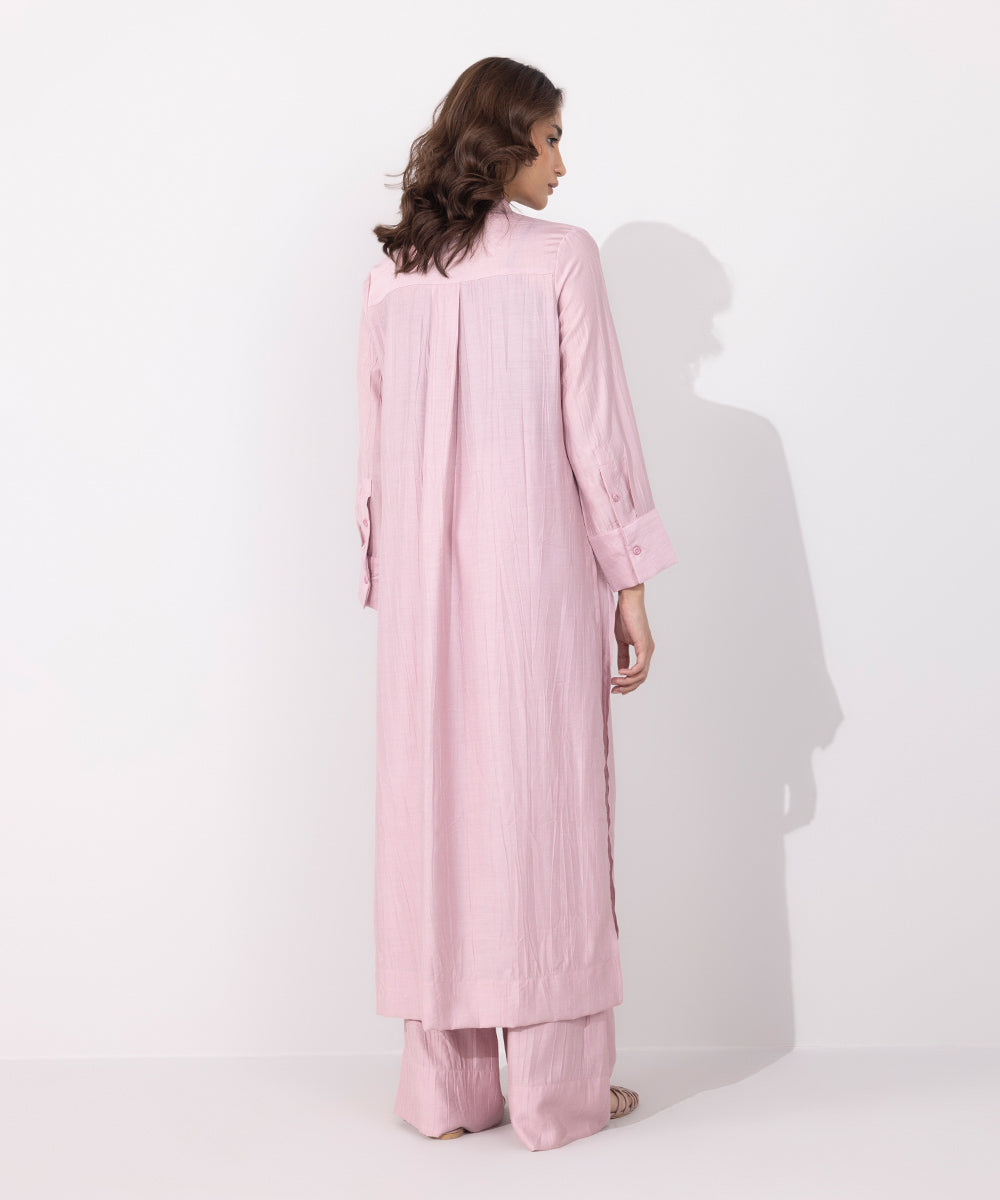 Women's Western Wear Pink Flowy Long Shirt With High Slits