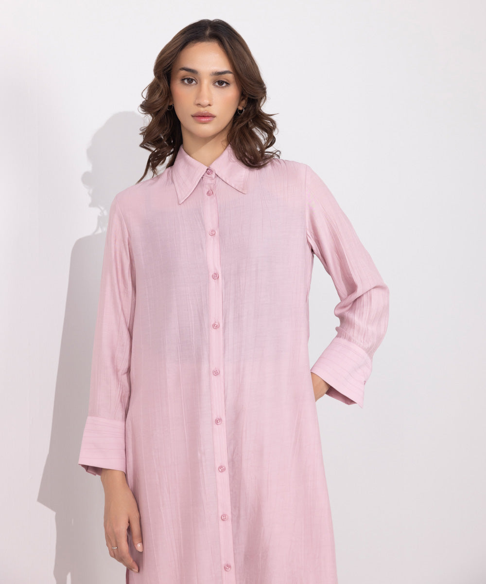 Women's Western Wear Pink Flowy Long Shirt With High Slits