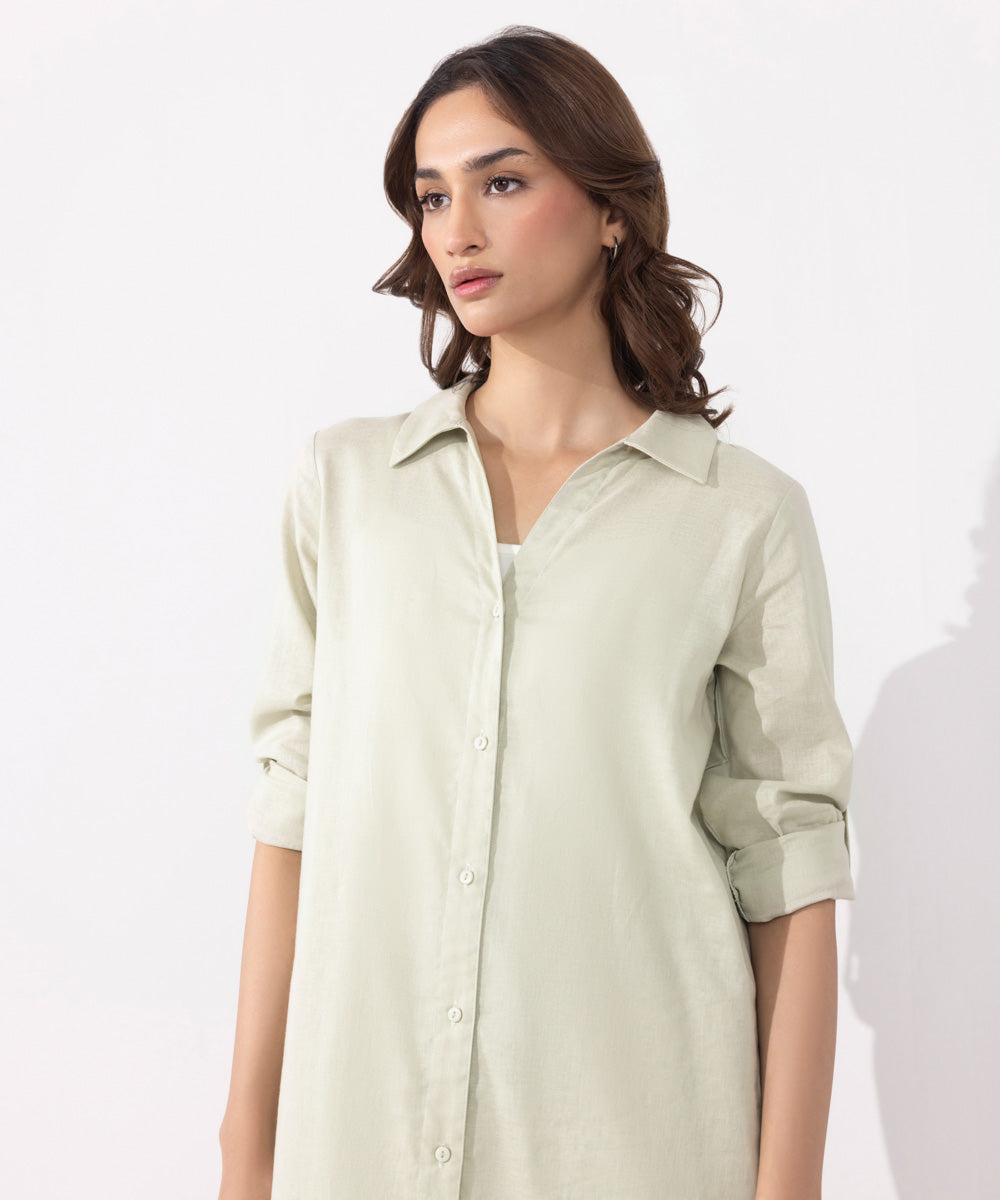 Women's Western Wear Green Linen Blend Dress