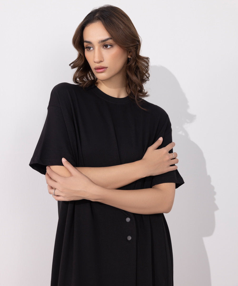 Women's Western Wear Black T-Shirt Dress With Button Detail