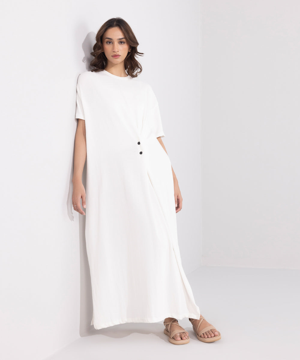 Women's Western Wear White T-Shirt Dress With Button Detail