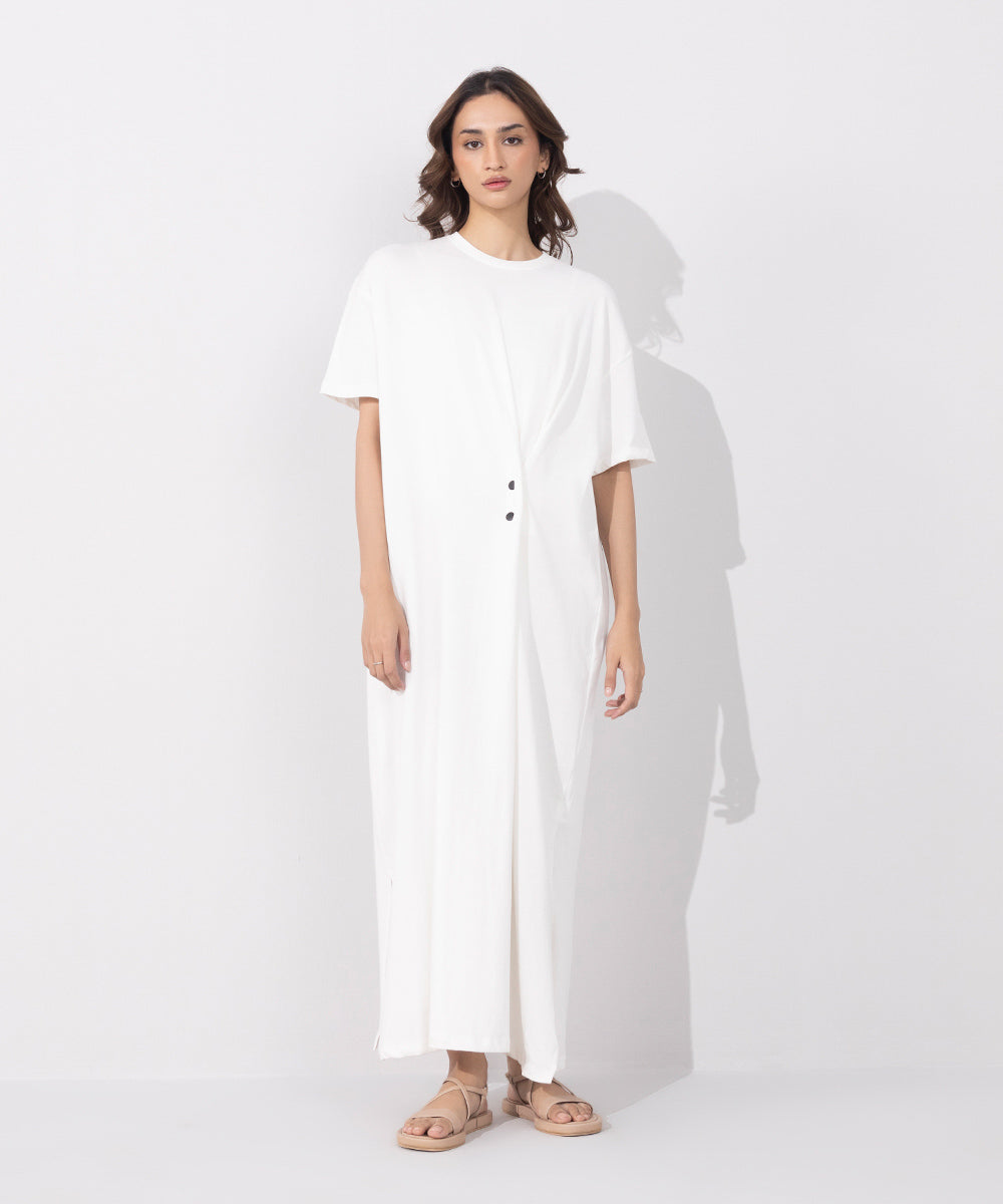 Women's Western Wear White T-Shirt Dress With Button Detail