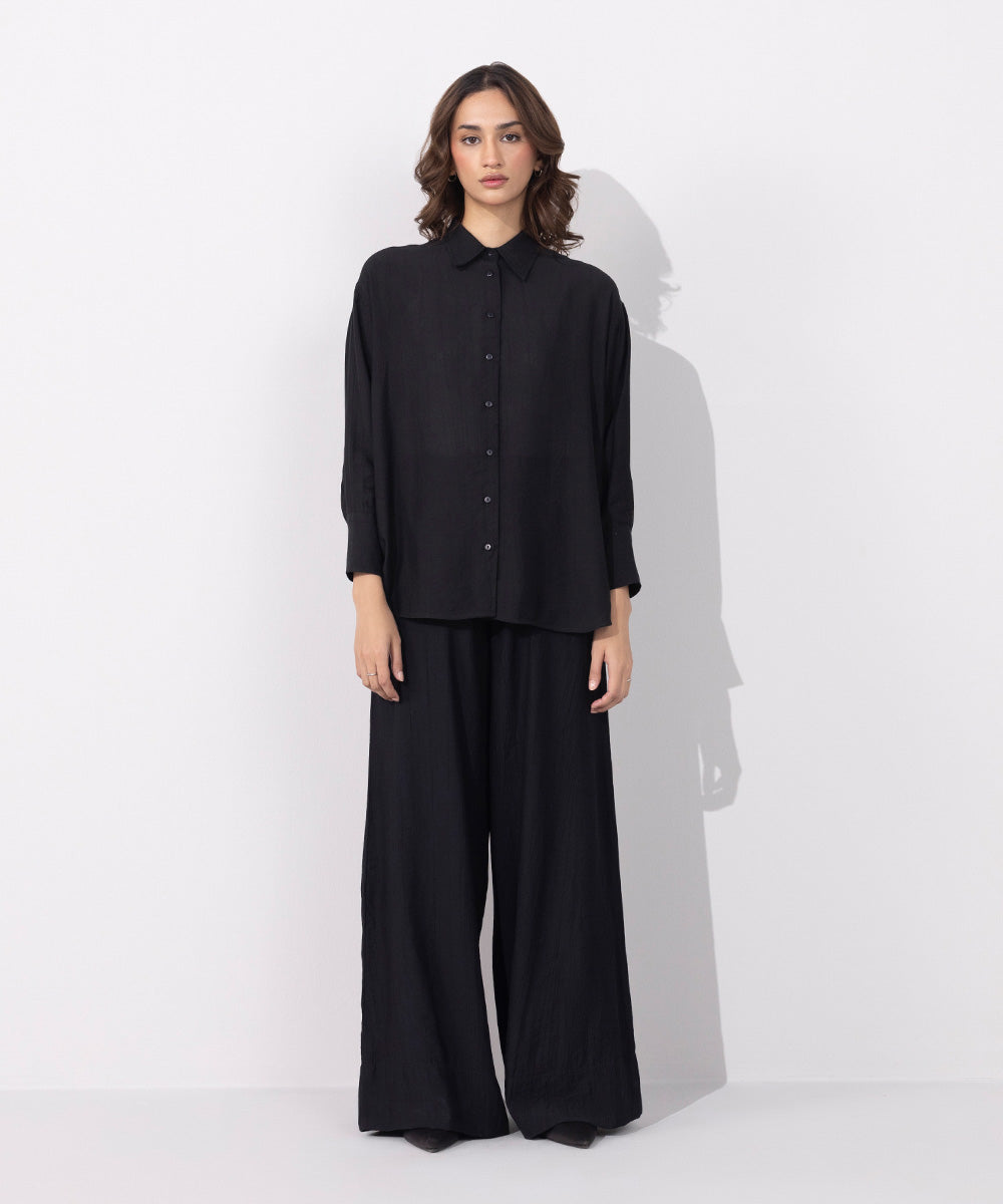 Women's Western Wear Black Linen Blend Shirt With Pocket