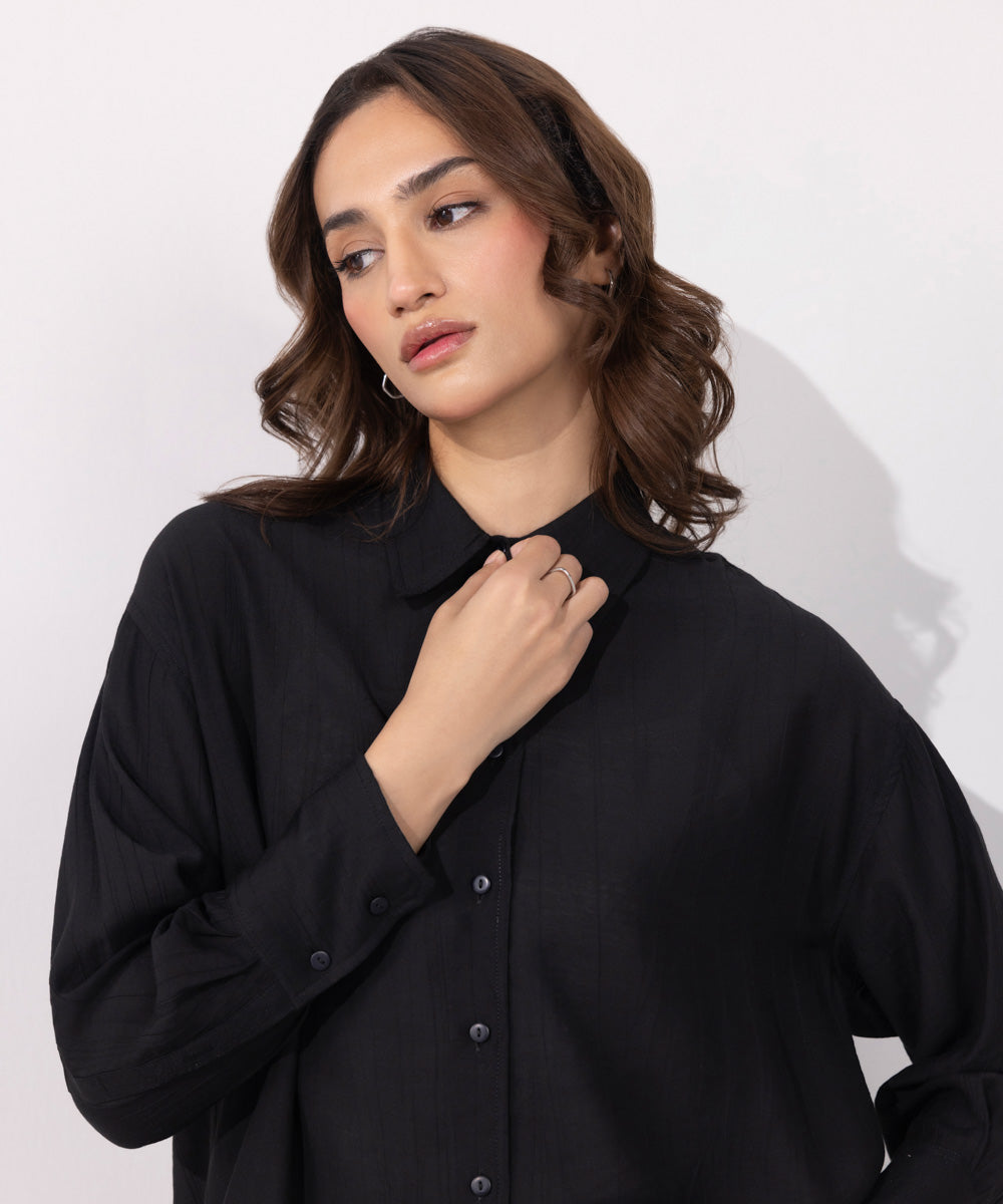 Women's Western Wear Black Linen Blend Shirt With Pocket