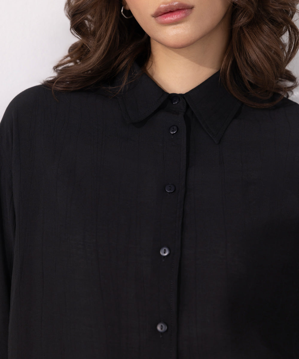 Women's Western Wear Black Linen Blend Shirt With Pocket