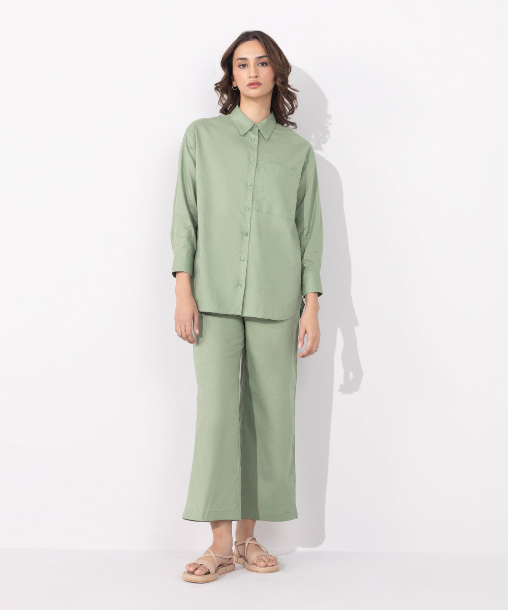 Women's Western Wear Green Linen Blend Shirt With Pocket