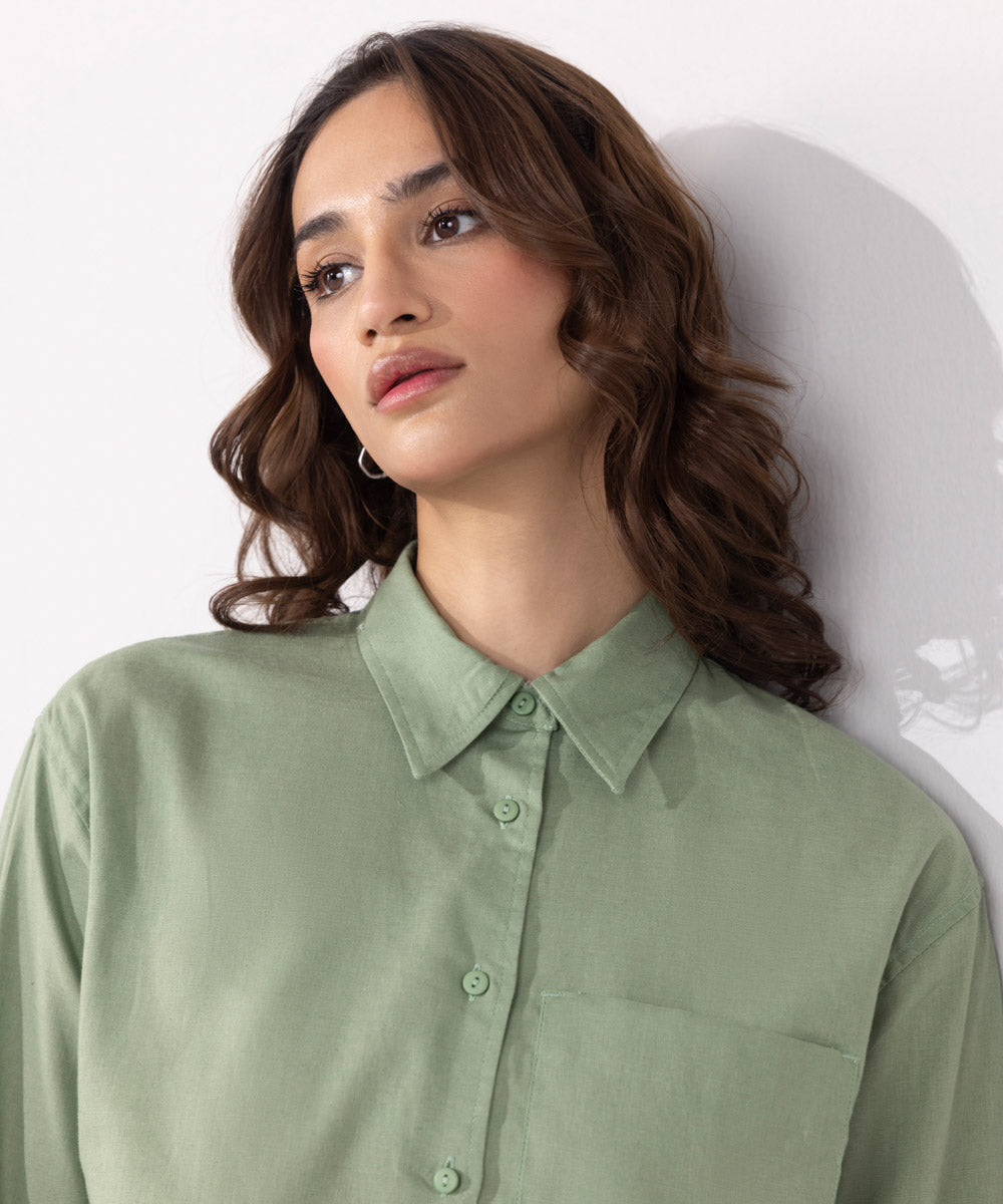 Women's Western Wear Green Linen Blend Shirt With Pocket